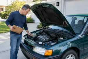 Un automobiliste inspecte le moteur de sa berline ancienne pour une souscription d assurance youngtimer