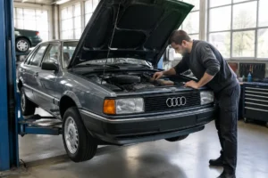 Un mécanicien inspecte le compartiment moteur d'une audi 80 youngtimer dans un garage lumineux.