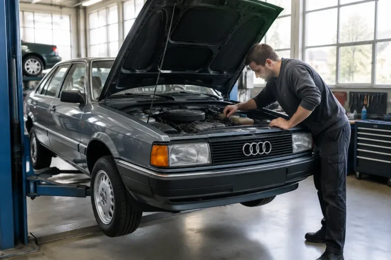 Un mécanicien inspecte le compartiment moteur d'une audi 80 youngtimer dans un garage lumineux.