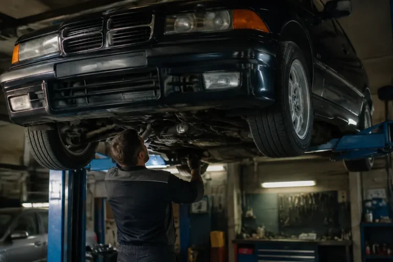 Un mécanicien inspecte le châssis d'une bmw e36 youngtimer sur un pont élévateur dans un atelier.