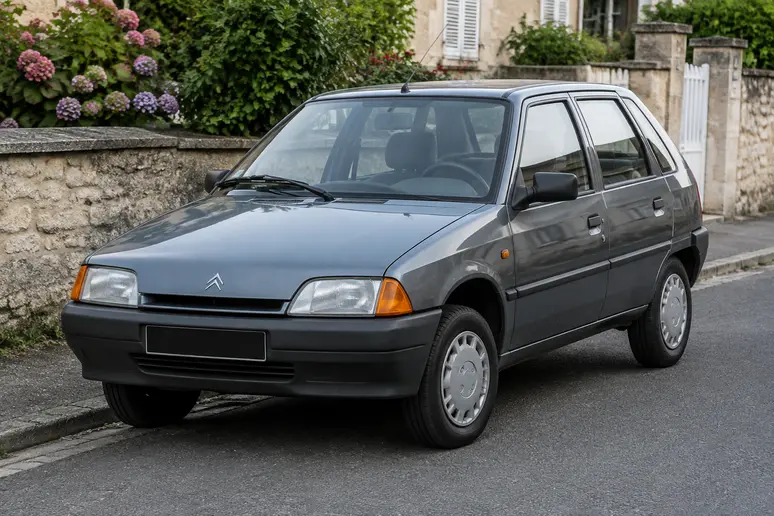 Citroën AX youngtimer à cinq portes garée dans une rue résidentielle