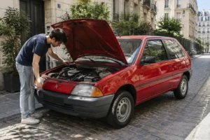 Un passionné inspecte le moteur d'une citroen ax youngtimer garée dans une rue calme.