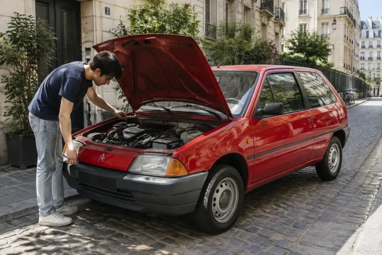 Un passionné inspecte le moteur d'une citroen ax youngtimer garée dans une rue calme.