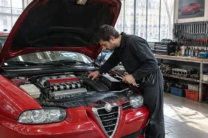 Un mécanicien examine le moteur d'une voiture sportive lors de l'estimation de la cote alfa romeo 156 en atelier.