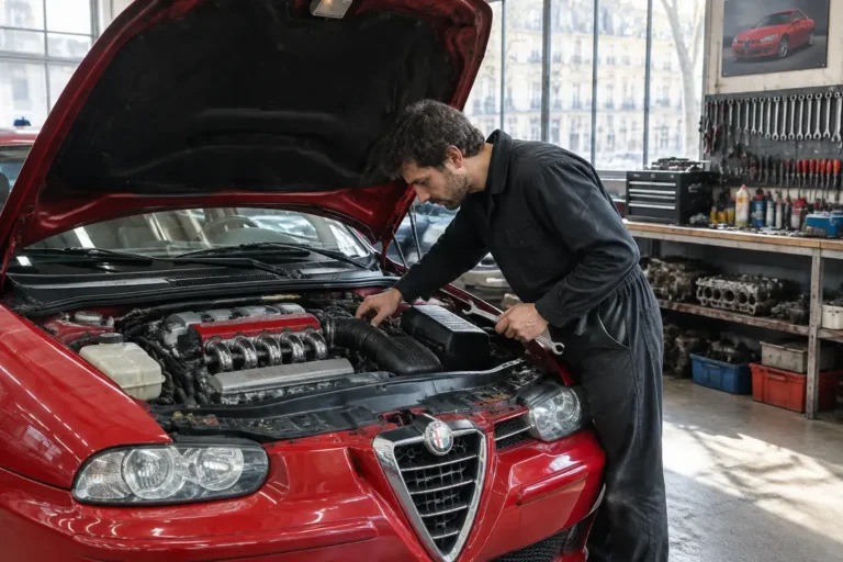 Un mécanicien examine le moteur d'une voiture sportive lors de l'estimation de la cote alfa romeo 156 en atelier.