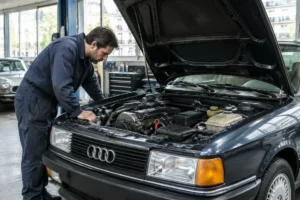 Un mécanicien examine le moteur d'une voiture ancienne pour évaluer la cote audi 80 dans un atelier.