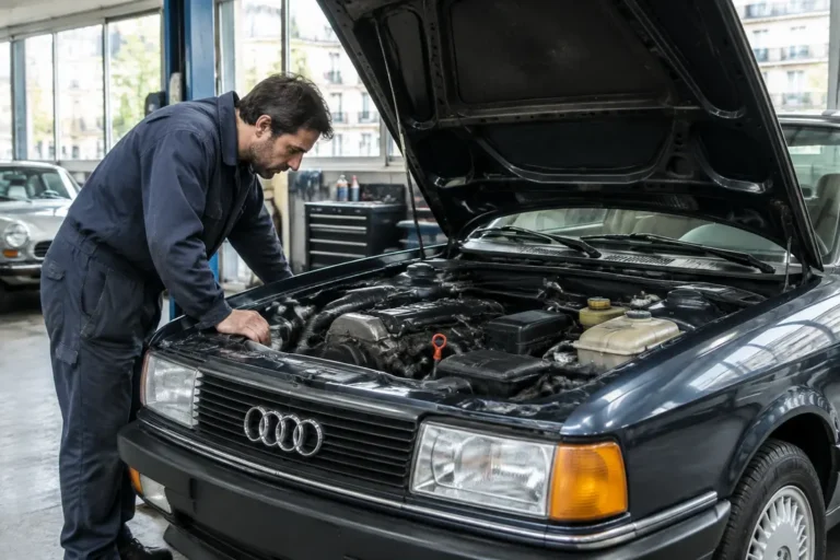 Un mécanicien examine le moteur d'une voiture ancienne pour évaluer la cote audi 80 dans un atelier.