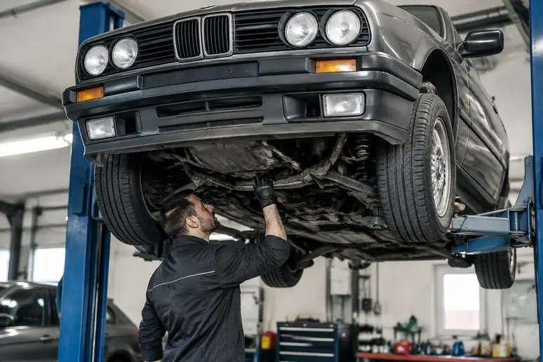Vérification des éléments porteurs d'une BMW E30 sur un pont élévateur dans un atelier.