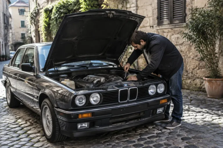 Examen minutieux d'un moteur de cote bmw e30 dans une ruelle lumineuse