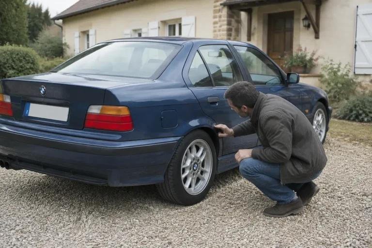 Un collectionneur examine une berline classique lors de l'estimation de la cote bmw e36