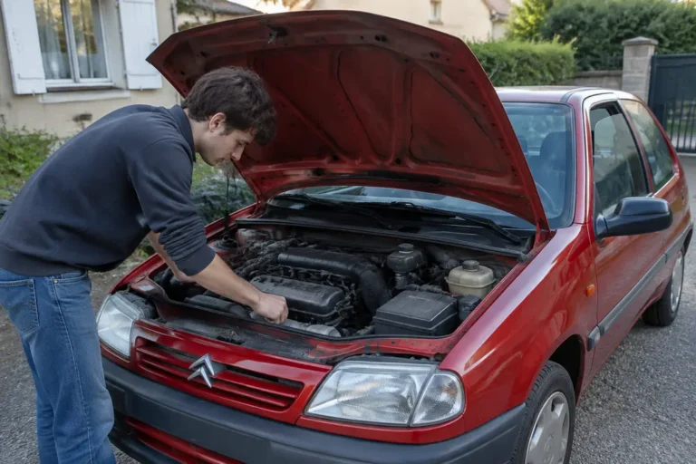 Un jeune homme examine attentivement le moteur d'une voiture ancienne pour évaluer sa cote citroen saxo.