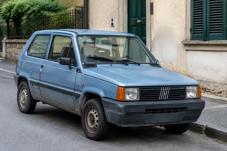 Une Fiat Panda de génération intermédiaire stationnée sur une place de parking urbaine en extérieur.