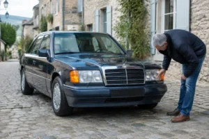 Un homme inspecte une voiture ancienne garée dans une rue pour évaluer sa cote mercedes w124