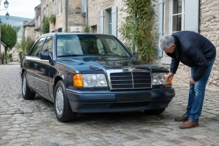 Un homme inspecte une voiture ancienne garée dans une rue pour évaluer sa cote mercedes w124