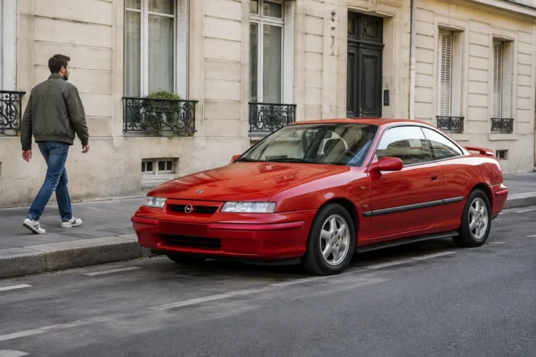Un exemplaire rouge d'une cote opel calibra garé dans une rue résidentielle en journée