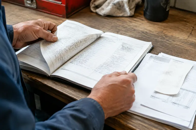 Examen minutieux des factures et du carnet d'entretien d'une cote youngtimer sur un établi.