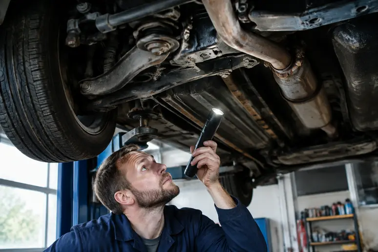 Vérification des soubassements et de l'absence de corrosion pour évaluer la cote youngtimer.