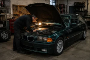 Un expert examine le moteur d'une voiture ancienne dans un garage pour analyser la cote youngtimer.