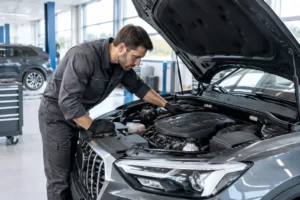 Un mécanicien examine le moteur dans un atelier pour évaluer la fiabilité bmw x1