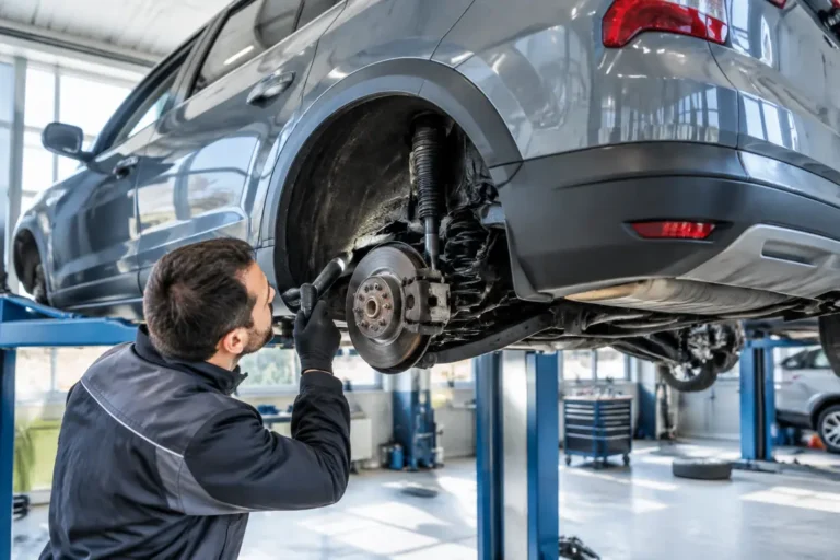 Un mécanicien inspecte la suspension arrière d'un véhicule pour évaluer la fiabilité dacia jogger dans un garage