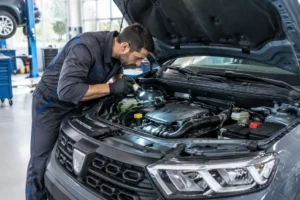 Un mécanicien inspecte le moteur d'une voiture lors d'un contrôle de fiabilité dacia sandero en atelier.