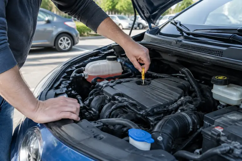 Vérification des niveaux sous le capot d'une Fiat Panda d'occasion avant l'achat