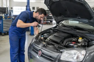 Un mécanicien inspecte le compartiment moteur lors du contrôle technique d'une voiture, illustrant la fiabilité fiat panda.