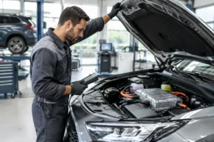 Un mécanicien inspecte le compartiment moteur d'un SUV lors d'un contrôle de la fiabilité ford kuga en atelier.