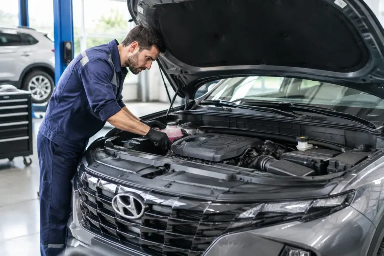 Un mécanicien inspecte le compartiment moteur lors d'une vérification de la fiabilité hyundai tucson en atelier