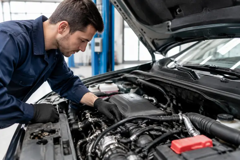 Contrôle technique du compartiment moteur d'un SUV d'occasion en atelier