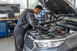 Un mécanicien examine le compartiment moteur d'un SUV lors d'un contrôle de fiabilité kia sportage en atelier