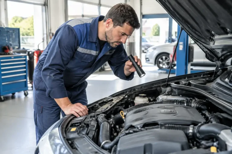 Un mécanicien examine les composants sous le capot lors d'un contrôle de la fiabilité moteur puretech en atelier.