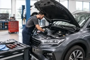 Mécanicien inspectant le compartiment moteur d'un crossover lors d'un contrôle de fiabilité nissan juke en atelier