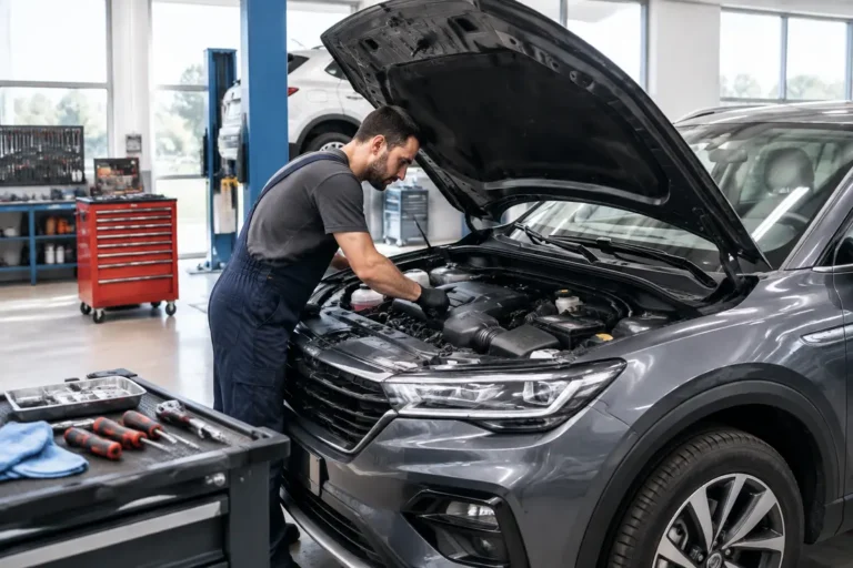 Mécanicien inspectant le compartiment moteur d'un crossover lors d'un contrôle de fiabilité nissan juke en atelier
