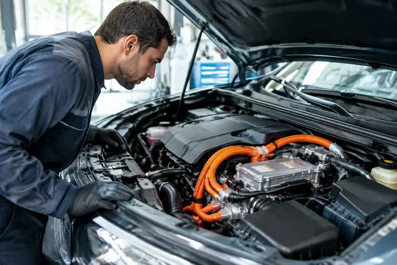 Inspection du compartiment moteur et des câbles haute tension d'un Peugeot 3008 hybride en atelier