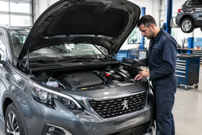 Un mécanicien inspecte le compartiment moteur dans un atelier pour analyser la fiabilité peugeot 3008.