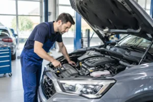 Un mécanicien examine le moteur d'un crossover lors d'un contrôle de la fiabilité renault captur en atelier.