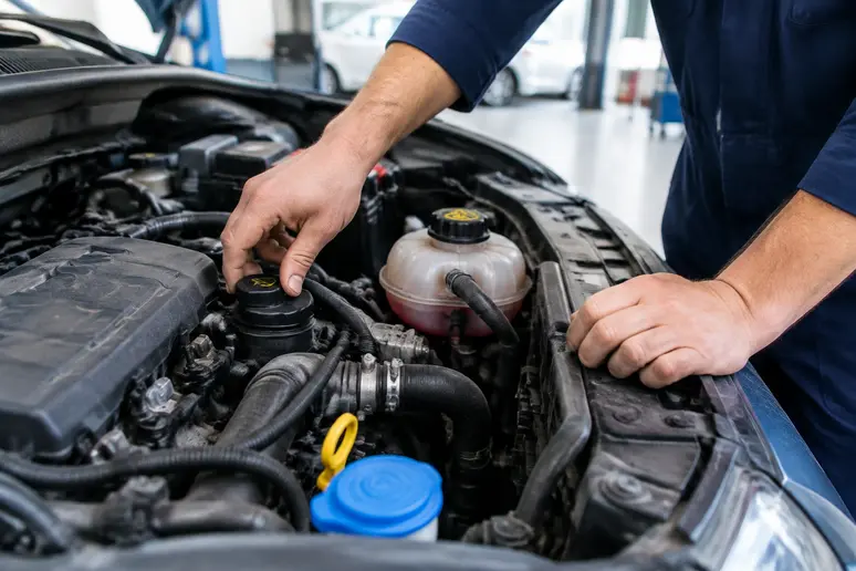 Contrôle visuel du moteur d'une Suzuki Swift d'occasion dans un atelier