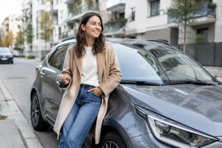 Une conductrice souriante près d'une voiture urbaine compacte illustre la recherche de la meilleure citadine occasion en ville.