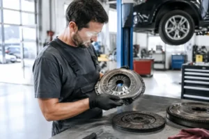 Mécanicien dans un atelier analysant les pièces pour comprendre le prix changement embrayage de la voiture