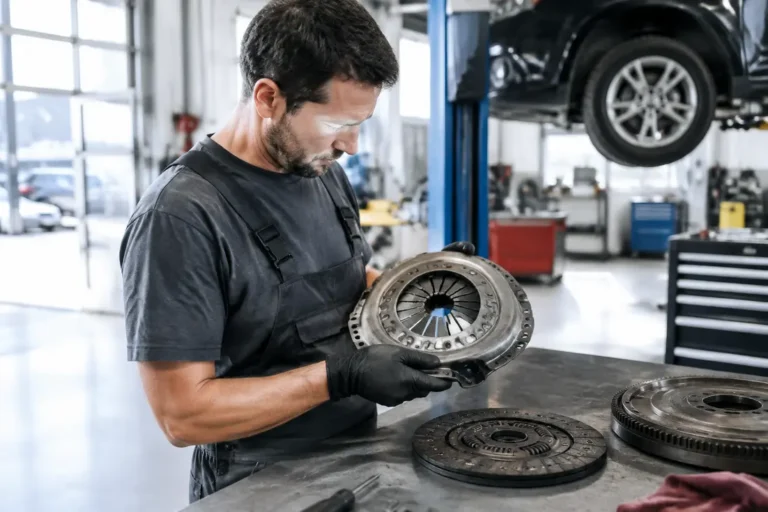 Mécanicien dans un atelier analysant les pièces pour comprendre le prix changement embrayage de la voiture