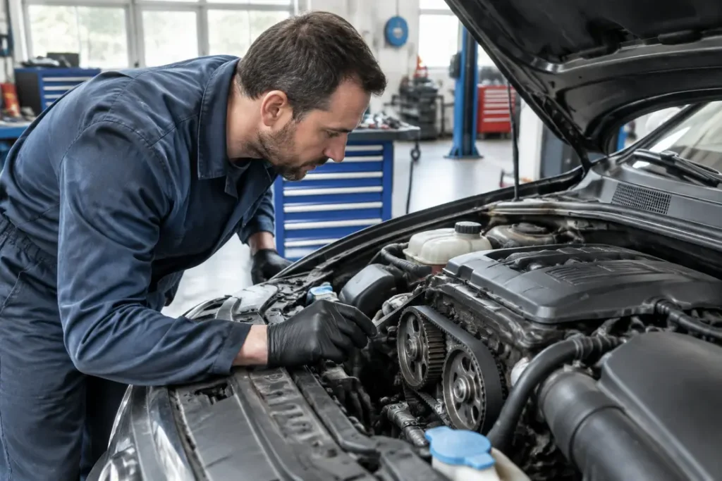 Un mécanicien inspecte le compartiment moteur d'un véhicule pour savoir quand changer courroie de distribution