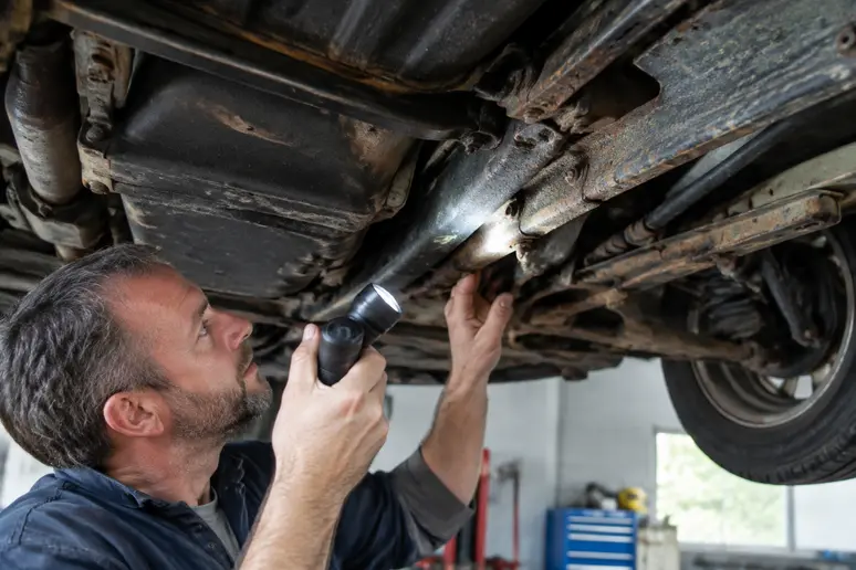 Inspection minutieuse du châssis d'une voiture collection pas cher pour déceler la corrosion.