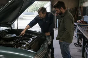 Un mécanicien examine le moteur d'une voiture collection pas cher dans un atelier de réparation