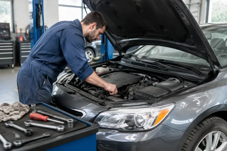 Un mécanicien inspecte le compartiment moteur dans un atelier pour trouver une voiture fiable 10000 euros.