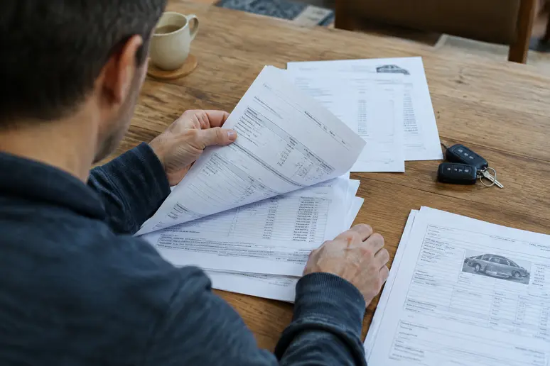 Personne consultant les factures d'entretien et l'historique d'une voiture d'occasion
