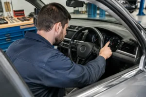 Un mécanicien examine le tableau de bord d'une voiture occasion faible kilométrage dans un atelier.