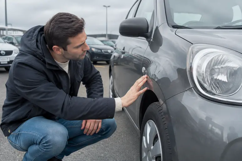 Jeune conducteur inspectant la carrosserie d'une voiture occasion jeune conducteur sur un parking