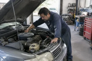 Un mécanicien inspecte le moteur d'une voiture occasion petit budget dans un atelier de réparation.