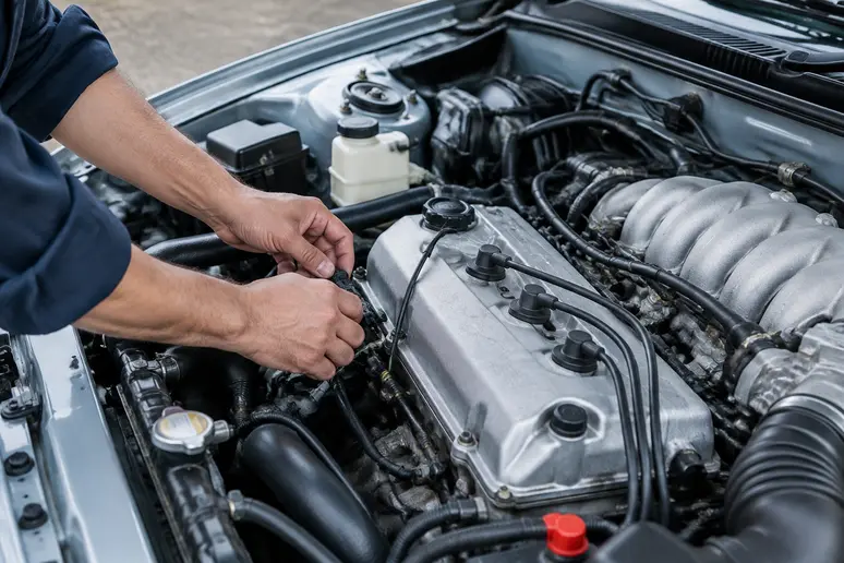 Mains d'un mécanicien vérifiant un moteur simple sous le capot d'une youngtimer japonaise.